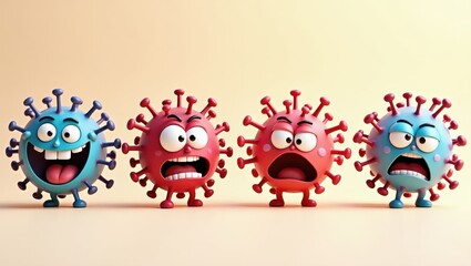 Obraz premium Four Cartoon Viruses with Different Expressions Happy Scared Angry and Shocked