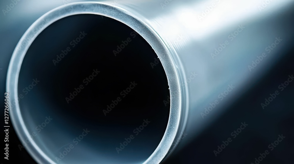 Poster close-up view of a smooth metallic pipe against a dark background