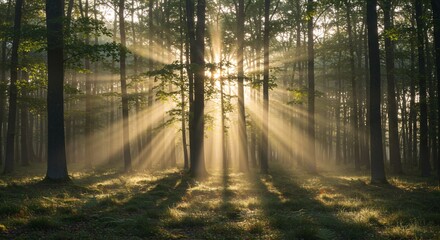 Fototapeta premium Peaceful forest with sun rays shining through the trees in early morning light