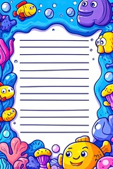 Fototapeta premium A blank sheet of paper with a blue ocean border and colorful fish and coral.