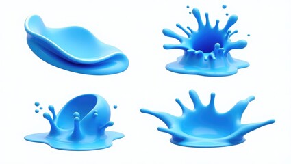 Four Blue Liquid Splashes 3D Render of Paint Water or Dye in Motion
