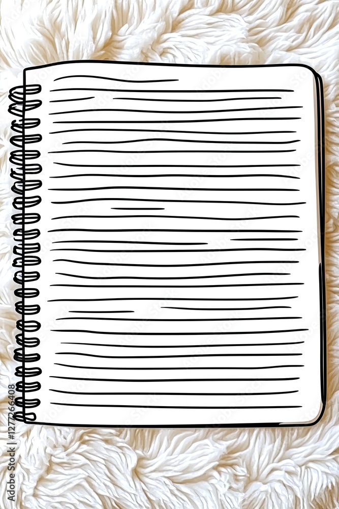 Poster a blank, lined notebook with a spiral binding lies open on a fluffy white surface.