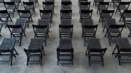 Fototapeta premium Arrangement of Black Folding Chairs on a Concrete Surface