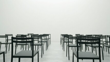 Rows of Black Chairs in Minimalist Space with White Background