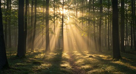 Obraz premium Peaceful forest with sun rays shining through the trees in early morning light