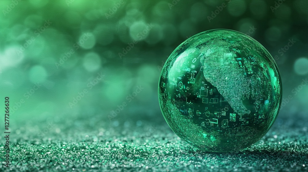 Poster green crystal globe digital technology world map abstract background futuristic innovation global ne