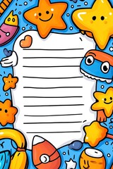 Fototapeta premium A blue background with a blank lined paper in the center surrounded by cute cartoon doodles.