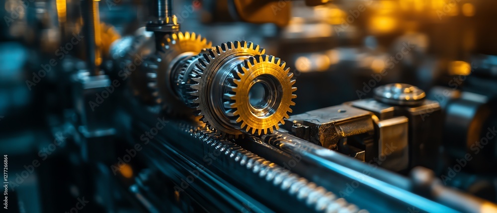 Poster gears in automation technology, advanced machinery in motion, intricate gear mechanics in a futurist