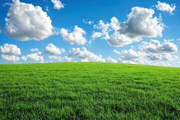 Obraz premium Lush green field under a bright blue sky with fluffy clouds scattered above