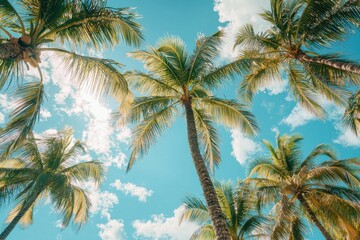 Above the palms, a vibrant sky filled with clouds captured in a tropical paradise during sunny daylight hours