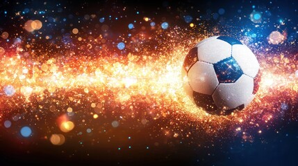 Fototapeta premium Soccer ball in fiery explosion, vibrant background