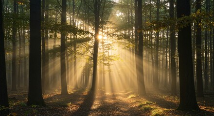 Obraz premium Peaceful forest with sun rays shining through the trees in early morning light