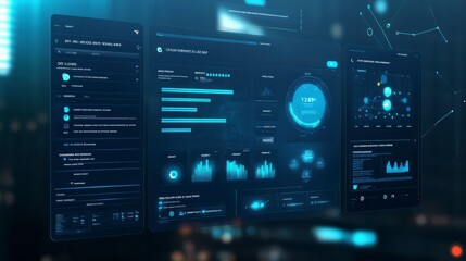 Futuristic digital dashboard displays data visualizations