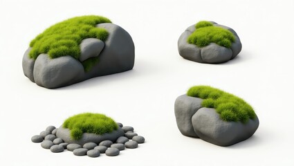 3D Render Grey Rocks with Lush Green Grass Pebbles Landscaping Elements