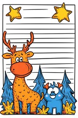 Fototapeta premium A cartoon deer and a blue monster with stars and trees on lined paper.