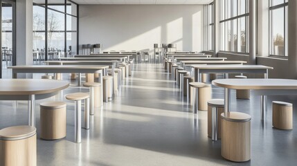 Modern cafeteria interior with tables and stools in bright space