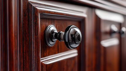 Obraz premium Close-Up of Elegant Black Drawer Knob on Rich Wooden Surface