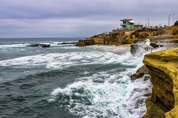 2024-07-03 THE LA JOLLA SHORELINE WITH WAVES CRASHING ON THE ROCKS A SEAGULL AND LIFE GURD STATION AND A CLOUDY SKY NEAR SAN DIEGO CALIFORNIA