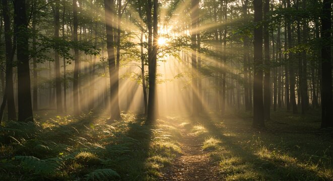 Peaceful forest with sun rays shining through the trees in early morning light