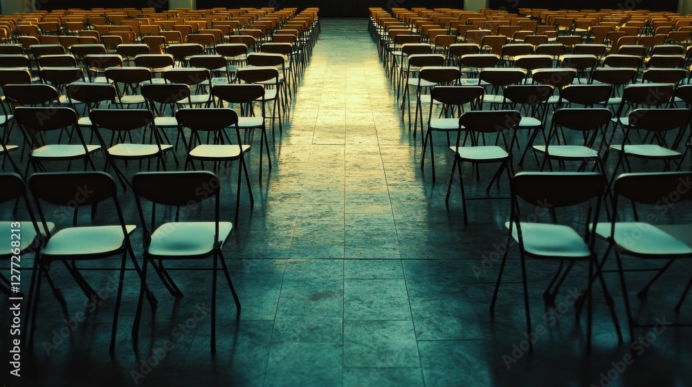 Poster empty rows of folding chairs set up for an event or gathering
