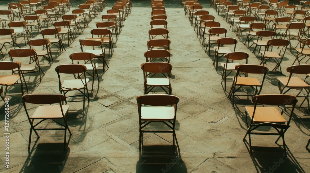 Poster rows of empty chairs in a large open space with natural light