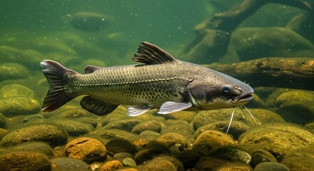 Fototapeta premium Catfish Swimming Underwater in Natural Habitat with Rocks and Clear Water