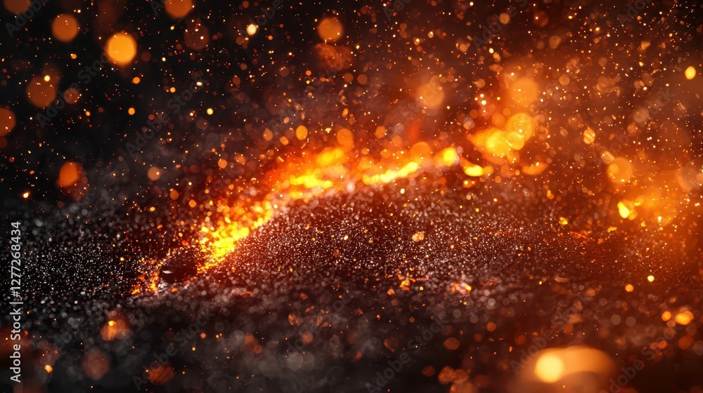 Poster glowing sparkles and warm ember particles in dark background