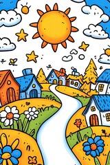 A cartoon illustration of a sunny day with a winding road leading through a village with colorful houses.