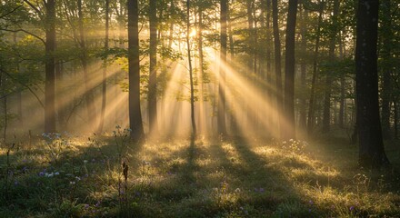 Fototapeta premium Peaceful forest with sun rays shining through the trees in early morning light