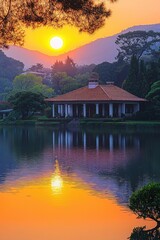 Fototapeta premium Sunset casts a warm glow over a tranquil lakeside pavilion surrounded by lush greenery