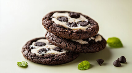 Double chocolate and creme cookies on an light pastel green background
