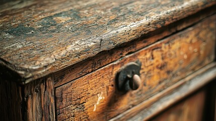 Rustic Wooden Drawer with Weathered Texture and Vintage Handle