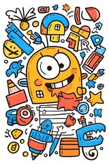 Fototapeta premium A cartoon monster with big eyes and a toothy grin surrounded by school supplies.