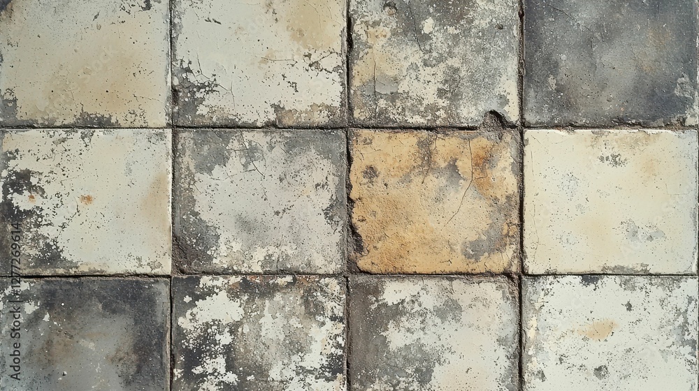 Poster weathered rustic floor tiles with faded patterns and aged texture