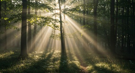Peaceful forest with sun rays shining through the trees in early morning light