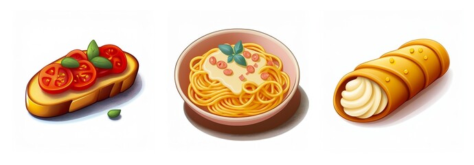 Three appetizing Italian dishes: bruschetta with tomatoes and basil, spaghetti with creamy sauce, and a cannoli with a sweet filling.