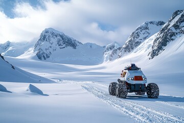 Robotic vehicle exploring a snow-covered landscape with towering mountains during early morning light