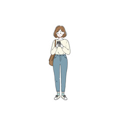 Cartoon Girl Using Smartphone Wearing Casual Clothes with Shoulder Bag