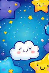 Fototapeta premium A cheerful cloud with a smiling face surrounded by stars in a night sky.