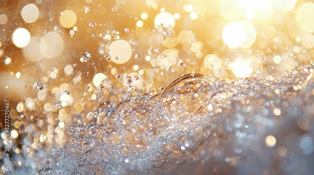 Poster sparkling water droplets with soft golden bokeh background effect