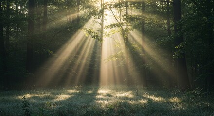 Peaceful forest with sun rays shining through the trees in early morning light
