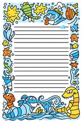 Fototapeta premium A colorful and fun ocean-themed lined paper, perfect for kids to write on or use for crafts.