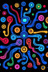Fototapeta premium A colorful abstract design with various geometric shapes, including circles, squares, and lines, on a black background.