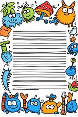 Obraz premium A colorful and whimsical border of cute monsters surrounds a lined blank space for writing.