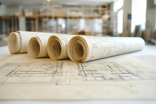 Architectural blueprints rolled up on table