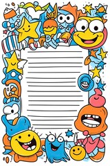 A colorful doodle border of smiling faces, stars, and other fun characters surrounds a lined writing space.