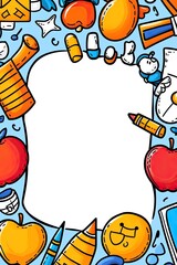 Fototapeta premium A colorful doodle border of school supplies with a blank white space for text.