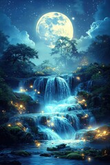 Moonlit waterfall cascading under a starry sky with glowing lights and lush trees