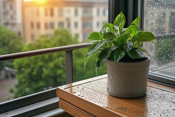 A potted green plant sits on a wet wooden balcony table after rain, with raindrops on the window and a warm sunset in the background. A cozy and tranquil urban scene.

