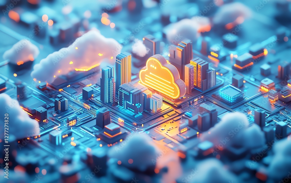 Poster corporate ecosystem visualizing interconnected business applications, cloudbased software integratio
